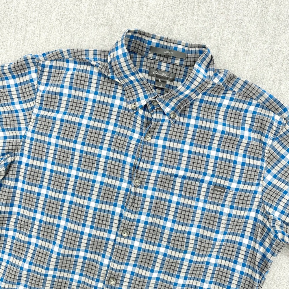 Eddie‎ Bauer Button Down Shirt Mens Large Blue Plaid Classic Fit Short Sleeve